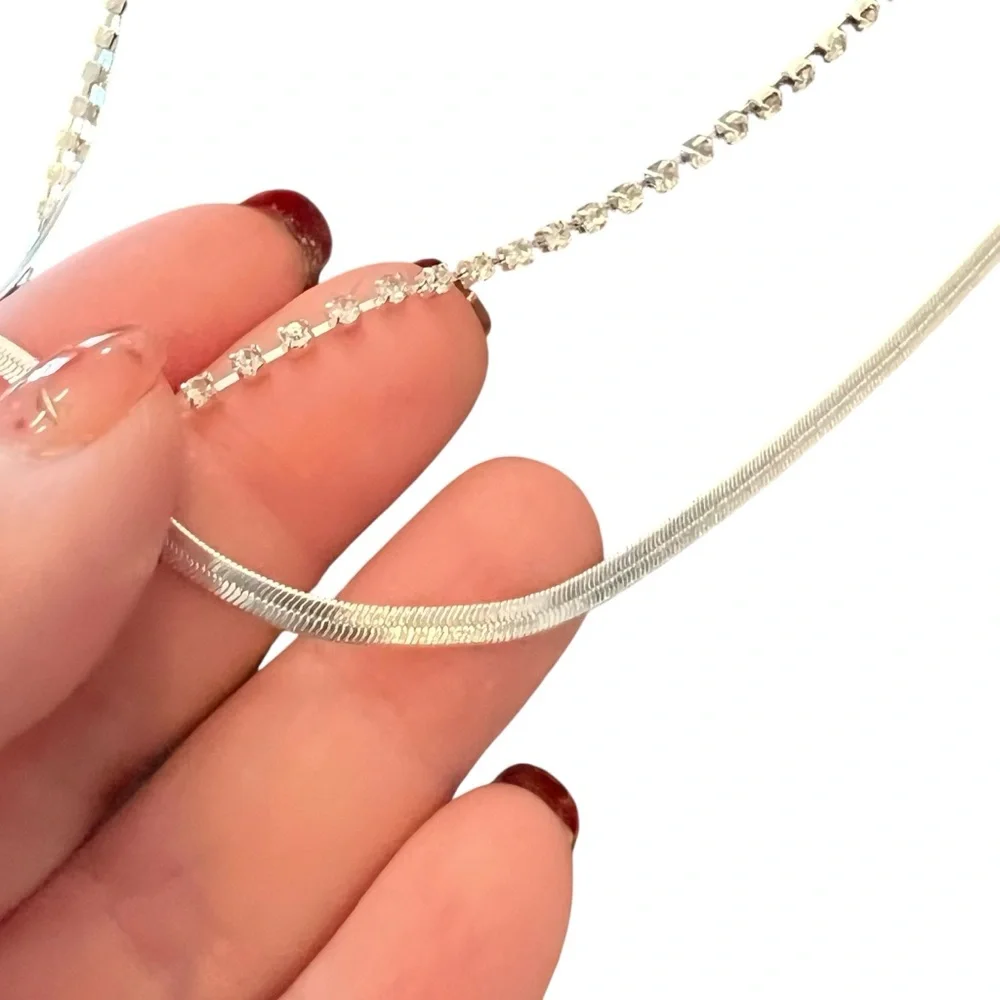 Claire's Silver And Rhinestone Necklaces -2- Snake Style And Square‎ Rhinestones